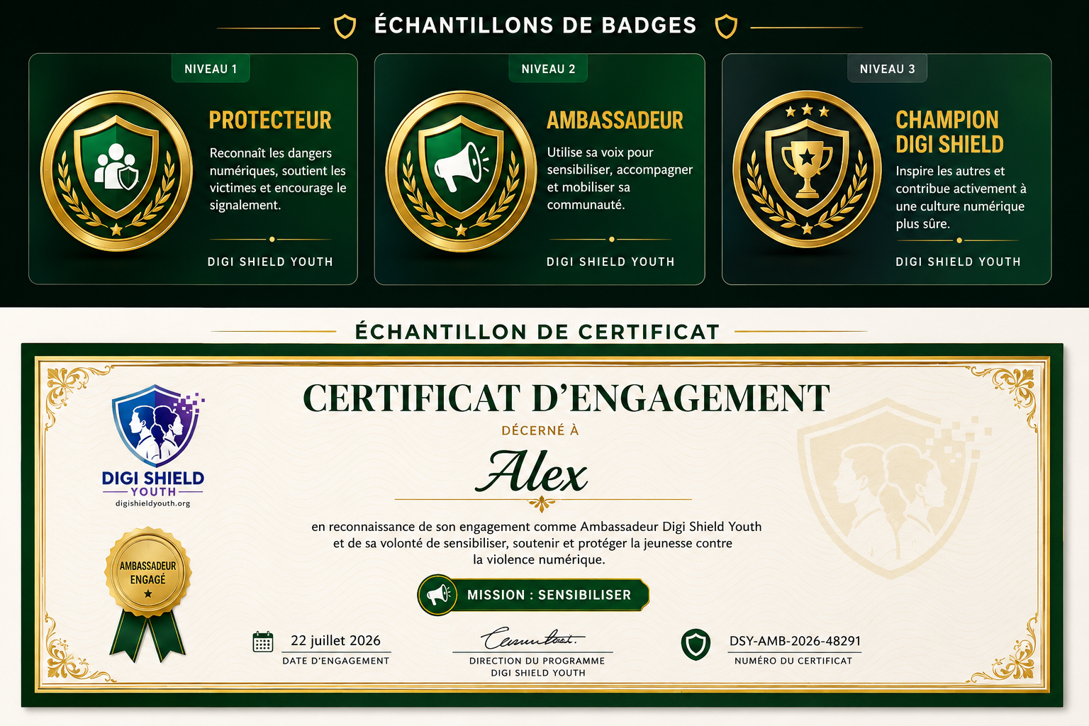 Badges et certificat Digi Shield Youth